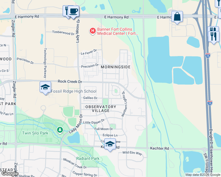 map of restaurants, bars, coffee shops, grocery stores, and more near 3803 Sky Gazer Lane in Fort Collins