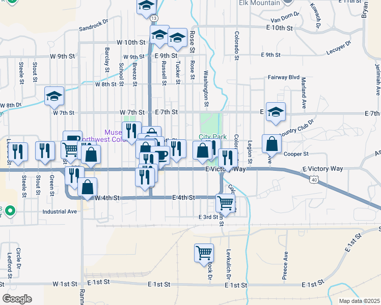 map of restaurants, bars, coffee shops, grocery stores, and more near 570 Rose Street in Craig