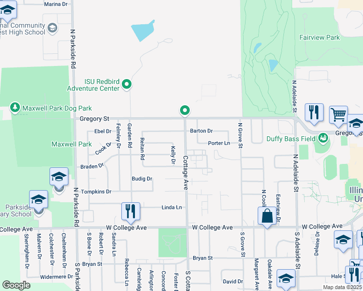 map of restaurants, bars, coffee shops, grocery stores, and more near 309 Cottage Avenue in Normal