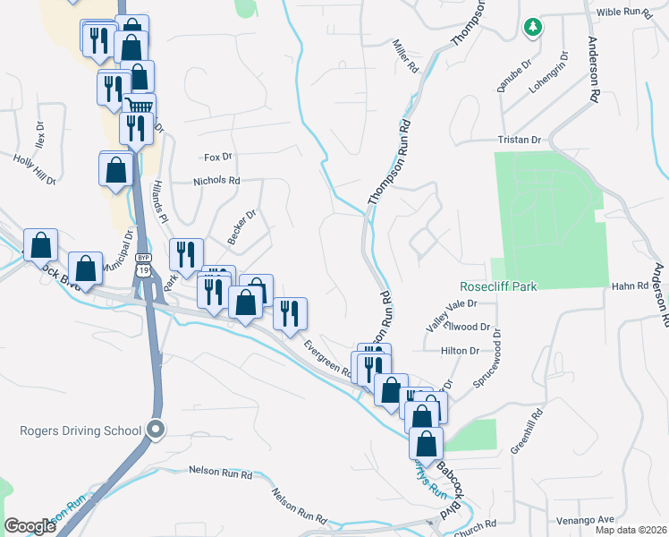 map of restaurants, bars, coffee shops, grocery stores, and more near 124 Radcliff Drive in Pittsburgh