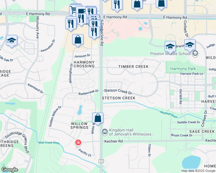 map of restaurants, bars, coffee shops, grocery stores, and more near 5133 Stillwater Creek Drive in Fort Collins