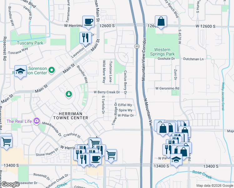 map of restaurants, bars, coffee shops, grocery stores, and more near 4906 West Tower Heights Drive in Riverton