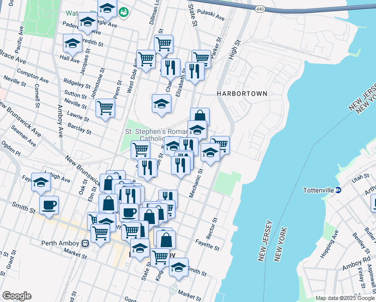 map of restaurants, bars, coffee shops, grocery stores, and more near 475 State Street in Perth Amboy