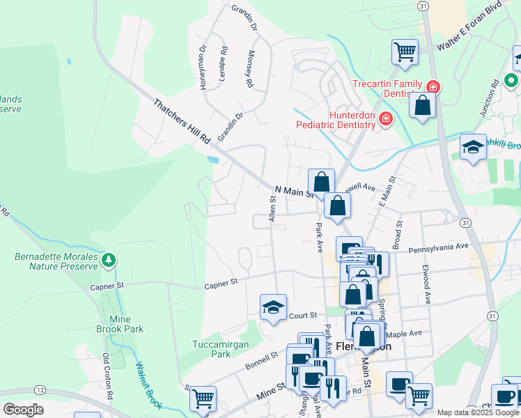 map of restaurants, bars, coffee shops, grocery stores, and more near 1 Youngs Drive in Flemington