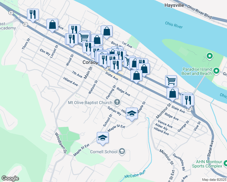 map of restaurants, bars, coffee shops, grocery stores, and more near 705 Fleming Street in Coraopolis