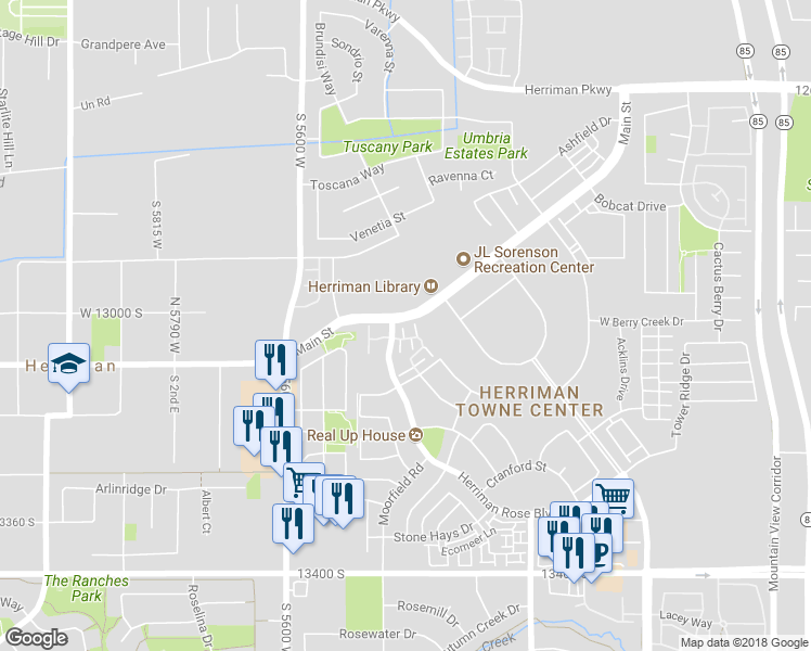 map of restaurants, bars, coffee shops, grocery stores, and more near 13029 Old Pine Court in Herriman