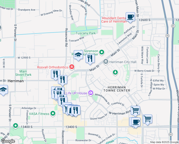 map of restaurants, bars, coffee shops, grocery stores, and more near 13029 Old Pine Court in Herriman