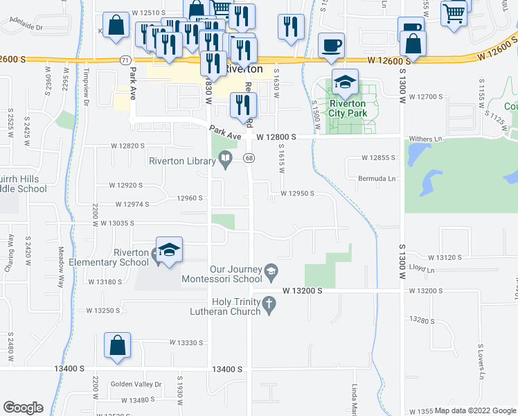 map of restaurants, bars, coffee shops, grocery stores, and more near 12981 South Redwood Road in Riverton