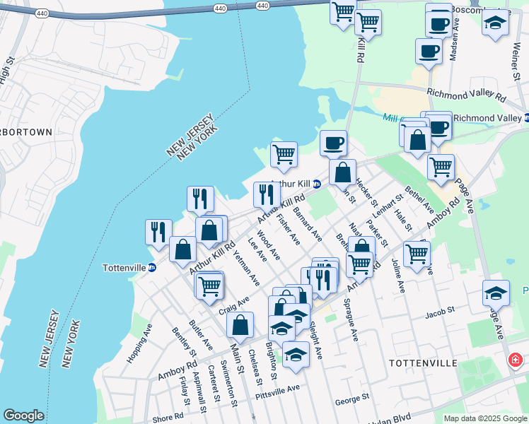 map of restaurants, bars, coffee shops, grocery stores, and more near 5279 Arthur Kill Road in Staten Island