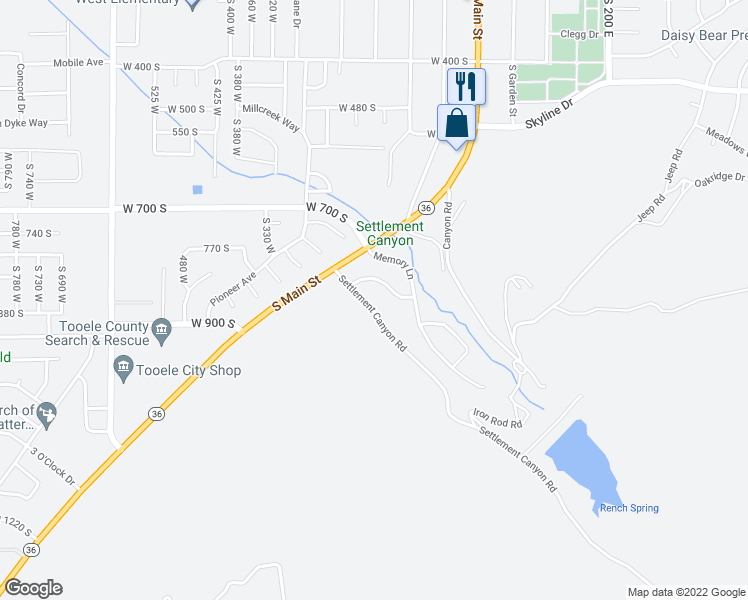 map of restaurants, bars, coffee shops, grocery stores, and more near 875 Settlement Canyon Road in Tooele