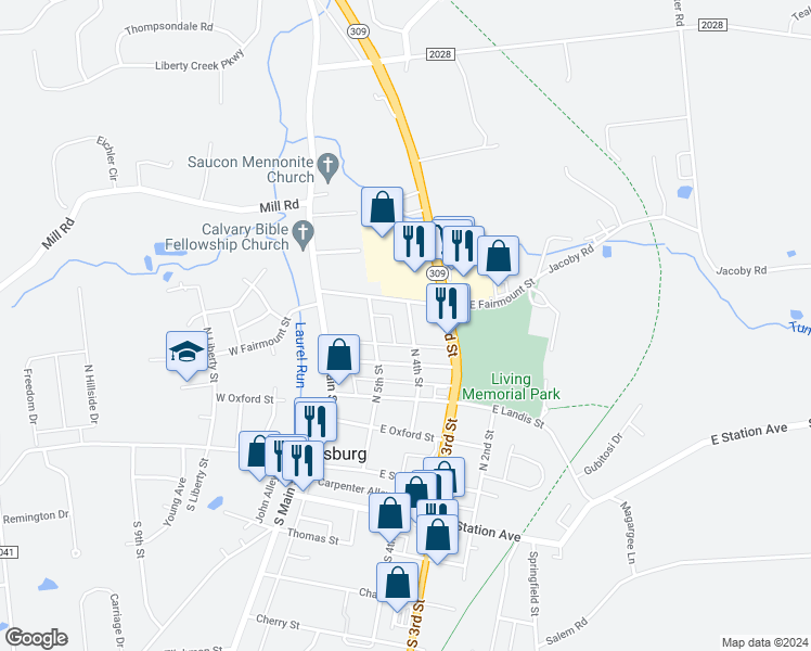 map of restaurants, bars, coffee shops, grocery stores, and more near 350 North 4th Street in Coopersburg