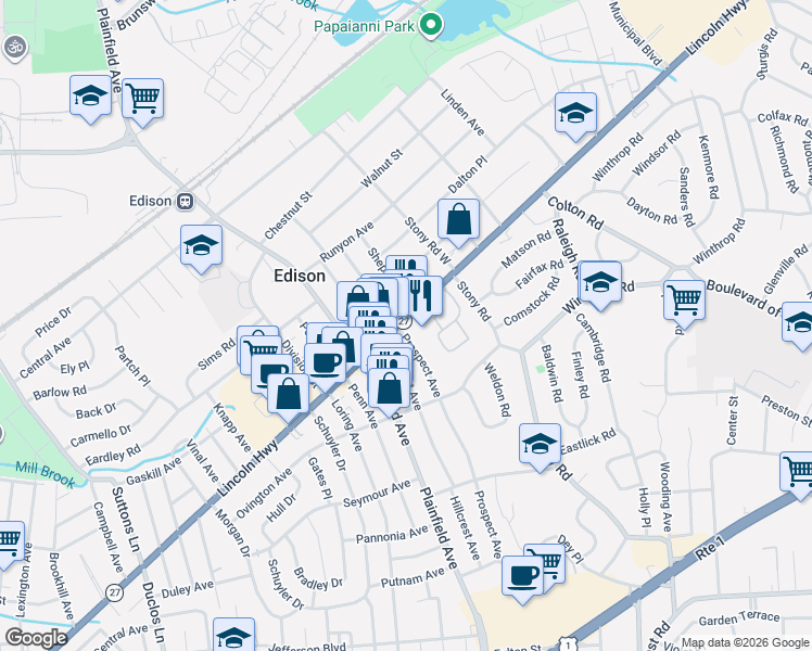 map of restaurants, bars, coffee shops, grocery stores, and more near 1876 New Jersey 27 in Edison