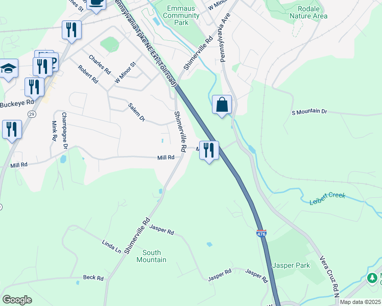 map of restaurants, bars, coffee shops, grocery stores, and more near 4244 Shimerville Road in Emmaus
