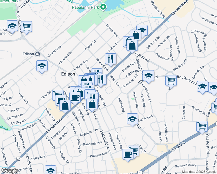 map of restaurants, bars, coffee shops, grocery stores, and more near 207 Woodhaven Drive in Edison
