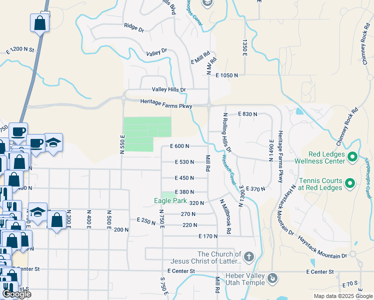 map of restaurants, bars, coffee shops, grocery stores, and more near 912 East 600 North in Heber City