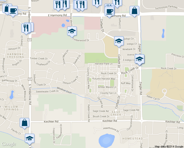 map of restaurants, bars, coffee shops, grocery stores, and more near 2620 Autumn Harvest Way in Fort Collins