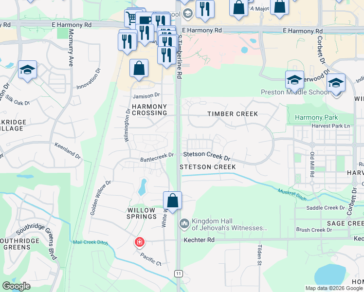 map of restaurants, bars, coffee shops, grocery stores, and more near 5133 Stillwater Creek Drive in Fort Collins