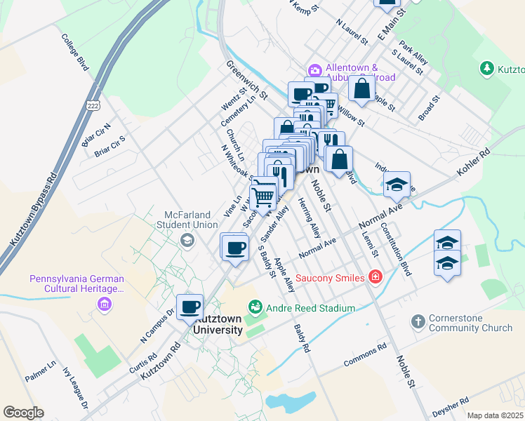 map of restaurants, bars, coffee shops, grocery stores, and more near 349 West Main Street in Kutztown