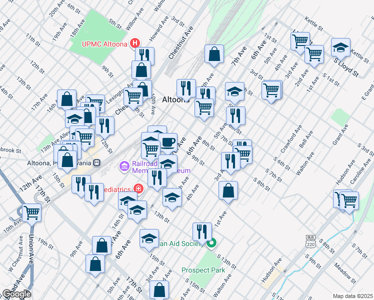 map of restaurants, bars, coffee shops, grocery stores, and more near 913 7th Avenue in Altoona