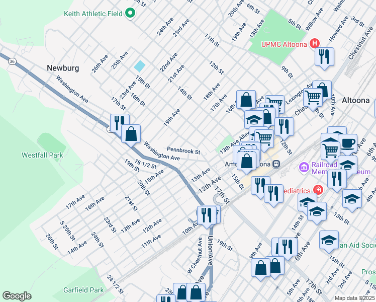 map of restaurants, bars, coffee shops, grocery stores, and more near 1398 Pennbrook Street in Altoona