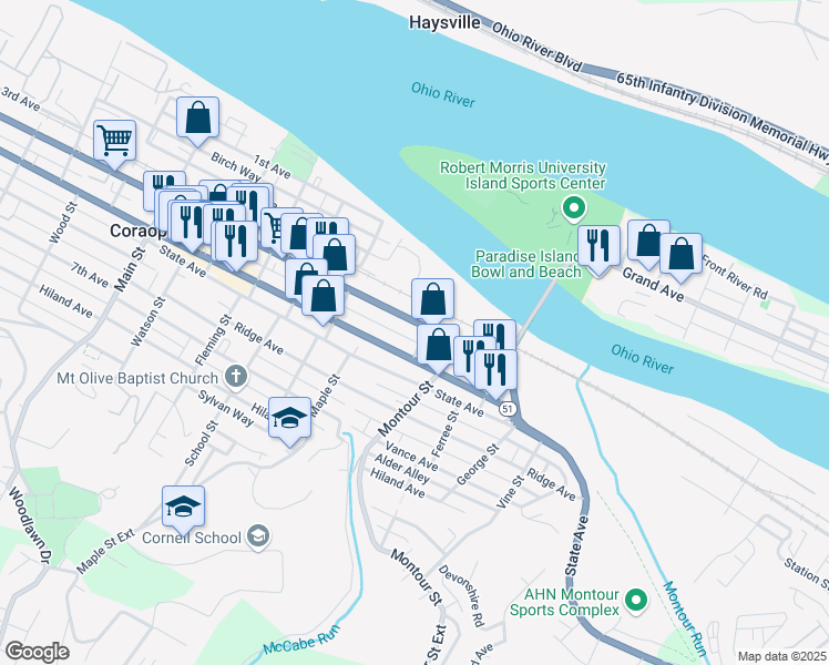 map of restaurants, bars, coffee shops, grocery stores, and more near 1361 5th Avenue in Coraopolis
