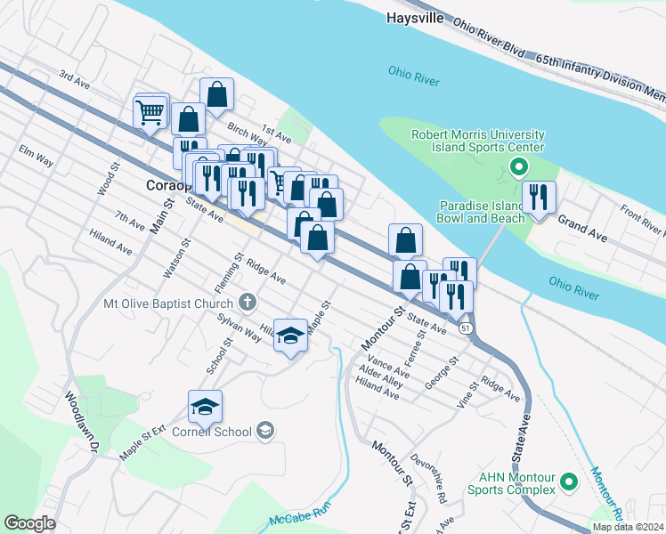 map of restaurants, bars, coffee shops, grocery stores, and more near 1302 State Avenue in Coraopolis