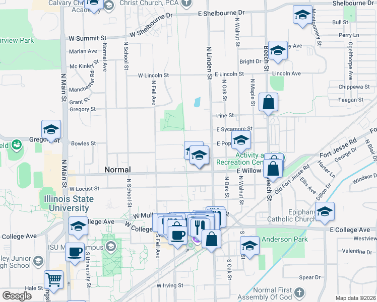 map of restaurants, bars, coffee shops, grocery stores, and more near 102 East Cypress Street in Normal