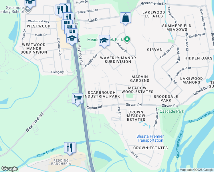 map of restaurants, bars, coffee shops, grocery stores, and more near 6955 Danyeur Road in Redding
