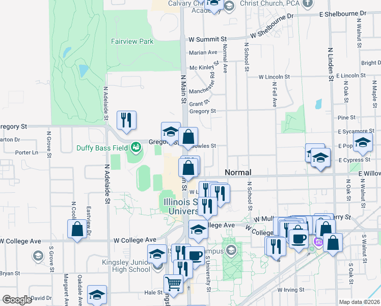 map of restaurants, bars, coffee shops, grocery stores, and more near in Normal