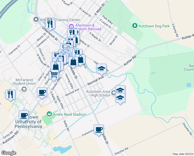 map of restaurants, bars, coffee shops, grocery stores, and more near 45 Normal Avenue in Kutztown