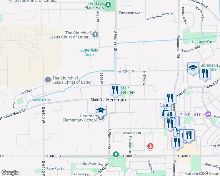 map of restaurants, bars, coffee shops, grocery stores, and more near 13044 South 6000 West in Herriman