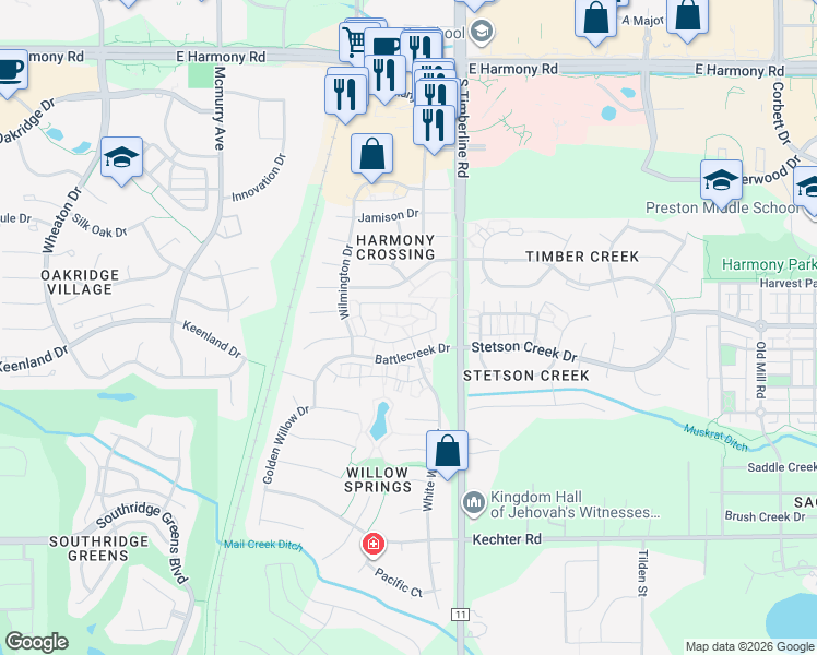 map of restaurants, bars, coffee shops, grocery stores, and more near 13 Battlecreek Drive in Fort Collins