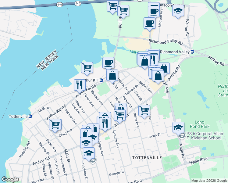 map of restaurants, bars, coffee shops, grocery stores, and more near 101 Lenhart Street in Staten Island