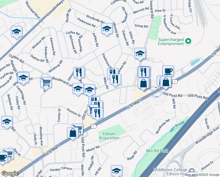 map of restaurants, bars, coffee shops, grocery stores, and more near 462 Old Post Road in Edison