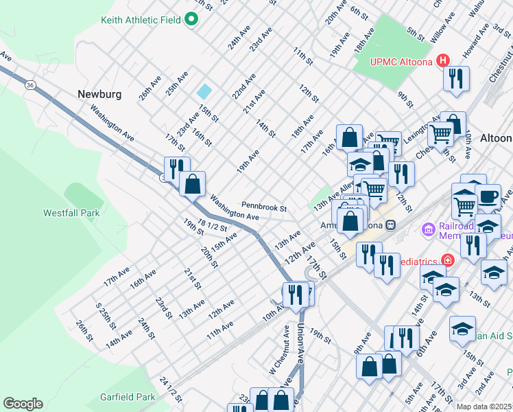map of restaurants, bars, coffee shops, grocery stores, and more near 1398 Pennbrook Street in Altoona