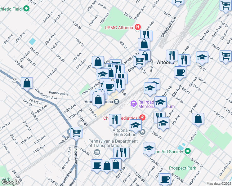 map of restaurants, bars, coffee shops, grocery stores, and more near 1231 11th Avenue in Altoona