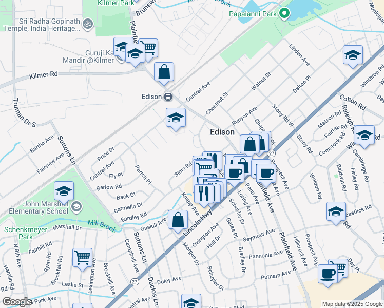 map of restaurants, bars, coffee shops, grocery stores, and more near 450 Division Street in Edison