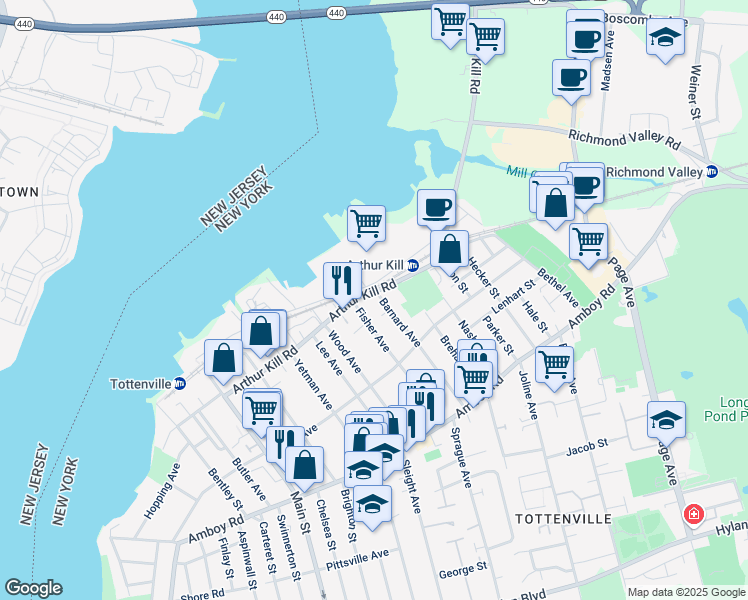 map of restaurants, bars, coffee shops, grocery stores, and more near 121 Fisher Avenue in Staten Island