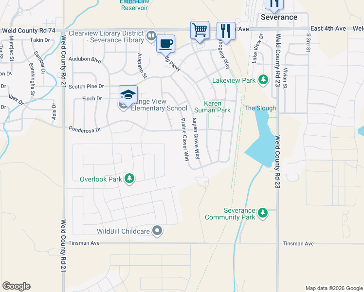 map of restaurants, bars, coffee shops, grocery stores, and more near 514 Prairie Clover Way in Severance