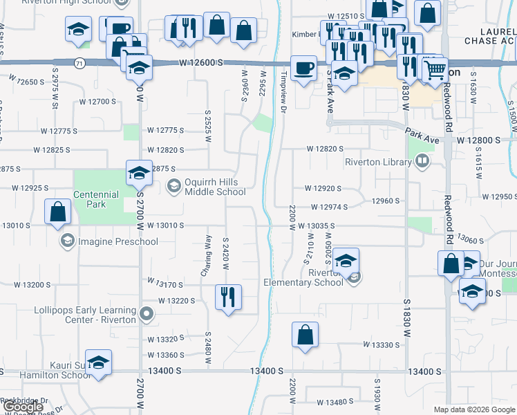 map of restaurants, bars, coffee shops, grocery stores, and more near 2342 West 13010 South in Riverton