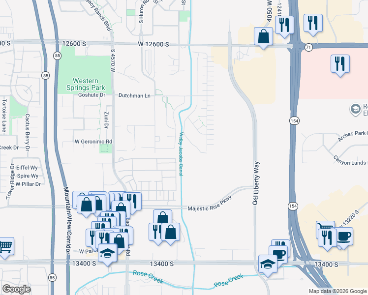 map of restaurants, bars, coffee shops, grocery stores, and more near 4245 West 12600 South in Riverton