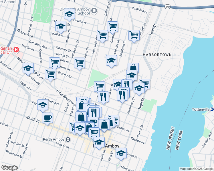 map of restaurants, bars, coffee shops, grocery stores, and more near 450 Park Avenue in Perth Amboy