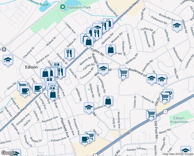map of restaurants, bars, coffee shops, grocery stores, and more near 8 Finley Road in Edison