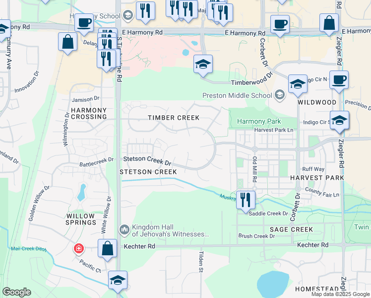 map of restaurants, bars, coffee shops, grocery stores, and more near 2302 Coal Creek Court in Fort Collins