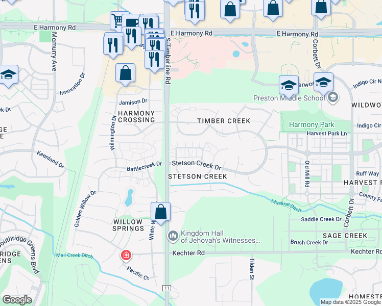 map of restaurants, bars, coffee shops, grocery stores, and more near 2142 Stetson Creek Drive in Fort Collins