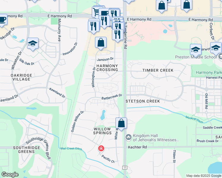 map of restaurants, bars, coffee shops, grocery stores, and more near 13 Battlecreek Drive in Fort Collins