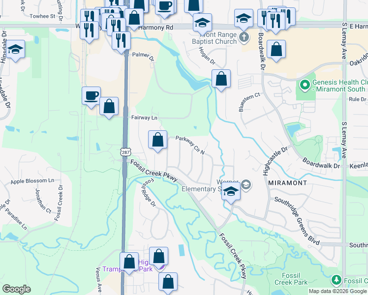 map of restaurants, bars, coffee shops, grocery stores, and more near 5116 Greenway Drive in Fort Collins