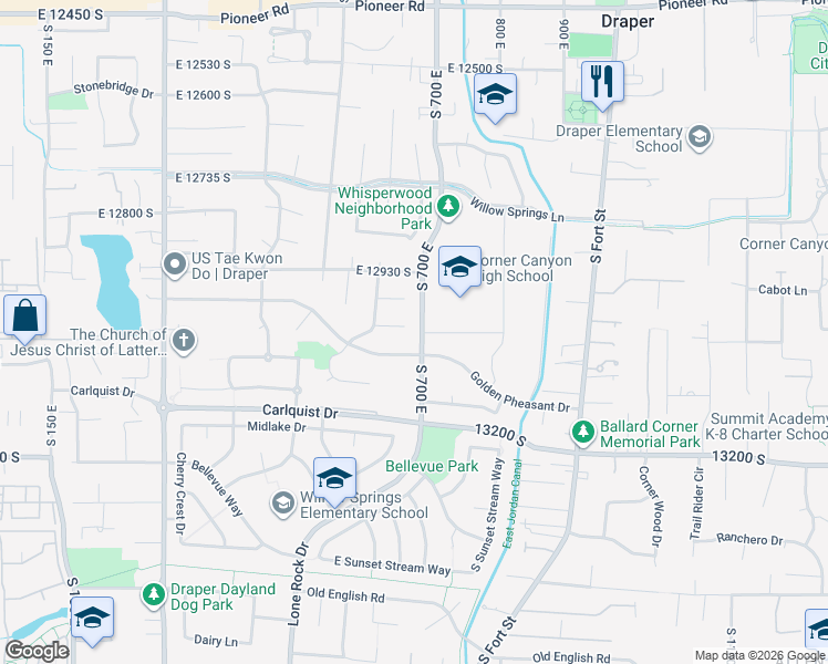 map of restaurants, bars, coffee shops, grocery stores, and more near 738 Golden Pheasant Drive in Draper