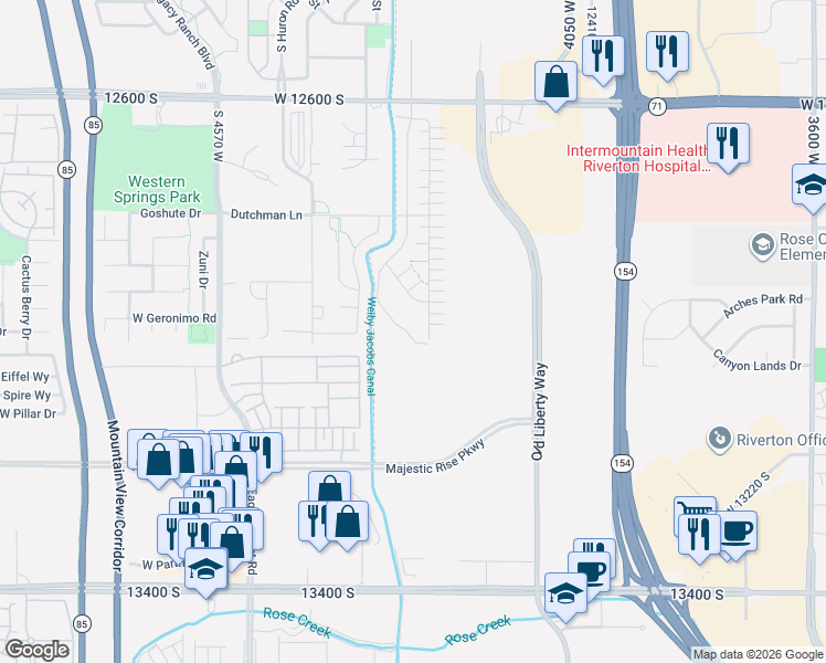 map of restaurants, bars, coffee shops, grocery stores, and more near 4245 West 12600 South in Riverton