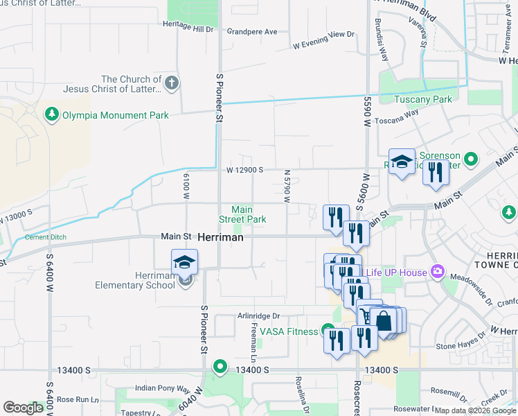 map of restaurants, bars, coffee shops, grocery stores, and more near 13047 5900 West in Herriman